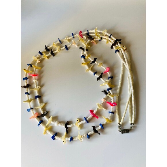 Native American mother of pearl fetish bird double layered Necklace 32" - Picture 1 of 6